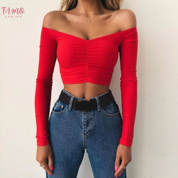 

sexy t shirt женщины с длинным рукавом весна лето с плеча crop top tops black red tshirt streetwear 2020 0106, White