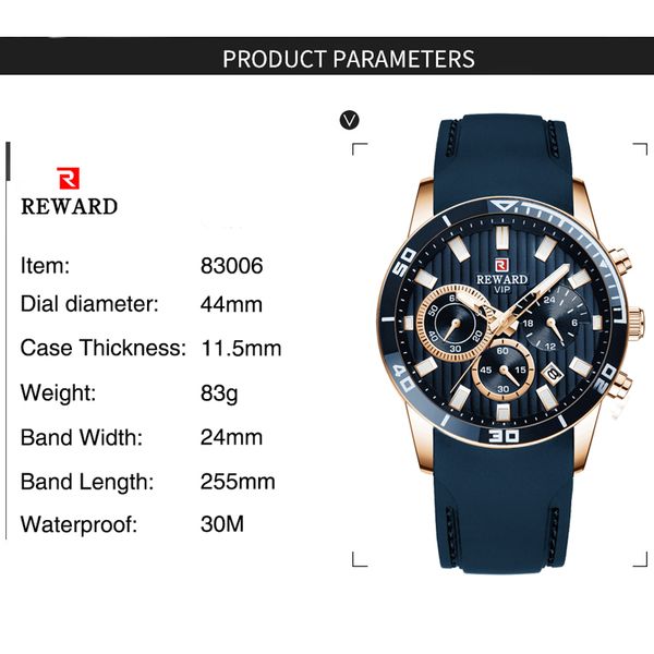 

reward mens watches brand luxury blue quartz watch chronograph men silicone waterproof date sport wrist watch man male clock, Slivery;brown