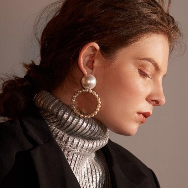 

originality concise hollow out circle block pearl earrings eardrop, Golden