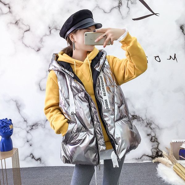 

tang 2019 autumn women luxurious extreme vests girl shiny vest hooded slim waistcoat girls parkas fashion vest, Black;white