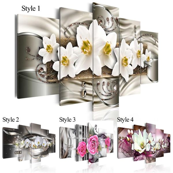 

5 pieces fashion wall art canvas painting mangnolia flower orchid flower modern home decoration,choose color:4 and size :3(no frame)
