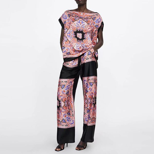 

fashion summer blouse pants sets loose floral short sleeve high waist straight pants sets casual xz1932, White