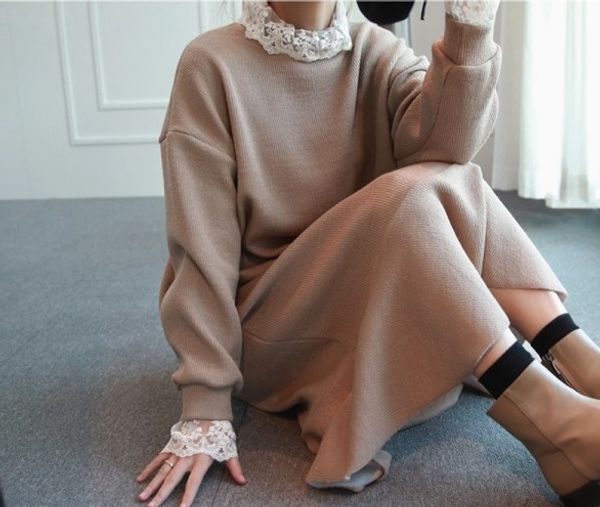 

maternity dress autumn winter cotton knitted lace oneck long sleeve sweater dress for pregnant women solid color elegant, White