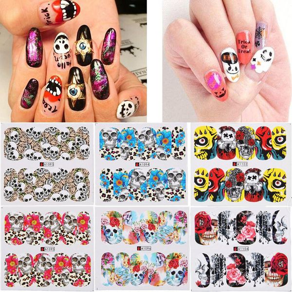 

48pcs/lot xmas halloween glue nail decals sticker water transfer nails art foils wraps gift diy decals bat skull christmas nails decorations