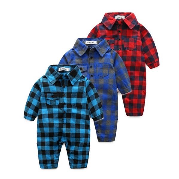 Baby-Kleidung Plaid Kleinkind Jungen Strampler Langarm Säuglingsoveralls Sommer Boutique Babykleidung 3 Farben Großhandel DHW3236