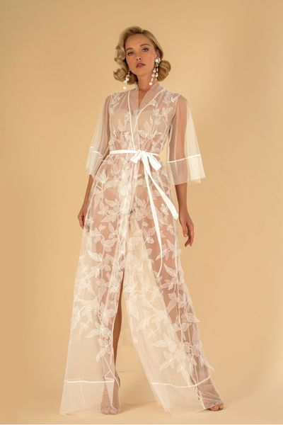 

women bath robes illusion bodice 3/4 long sleeve appliques tulle bridal robe floor length bath robe, White;pink