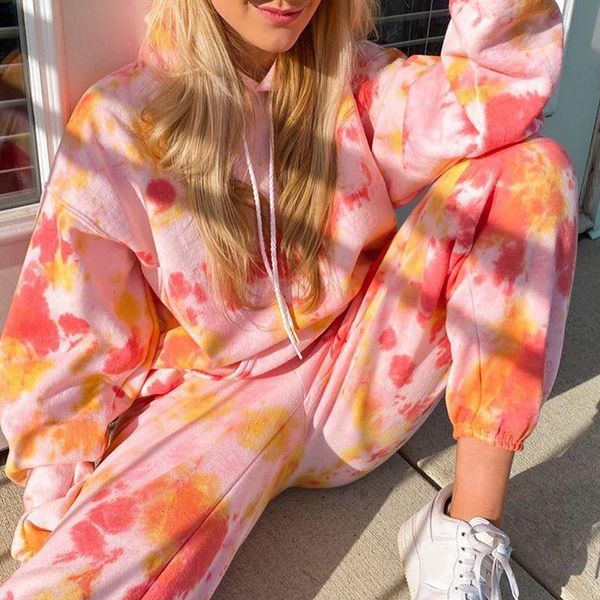 

autumn tie dye printed jogging suits women two pieces tracksuit sets hoodies 2 piece casual front pocket female sweatsuit, Gray