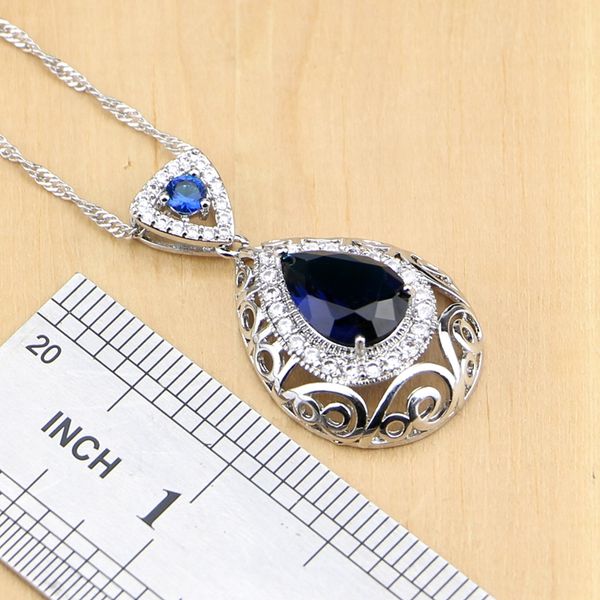 

hyperbole blue stone white cz 925 silver jewelry sets for women party drop earrings pendant rings bracelet necklace set, Slivery;golden