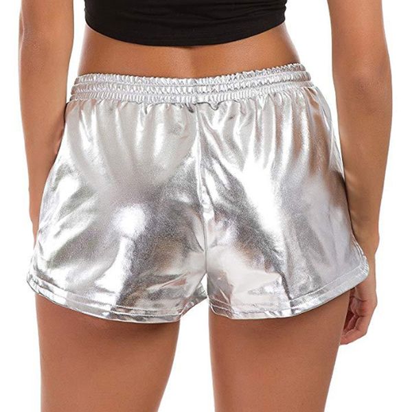 

women shiny metallic shorts 2020 summer holographic wet look casual elastic drawstring festival rave booty shorts, White;black