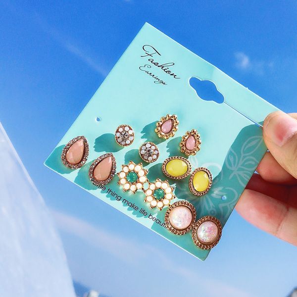

designer jewelry women's earring sets water droplets diamond flower stud earrings 6 pairs a set fashion, Golden;silver
