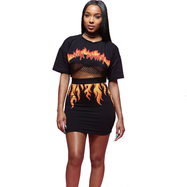 

2 piece set women fire flame print back through mesh crop and mini bodycon skirt outfit suits two piece set, Gray