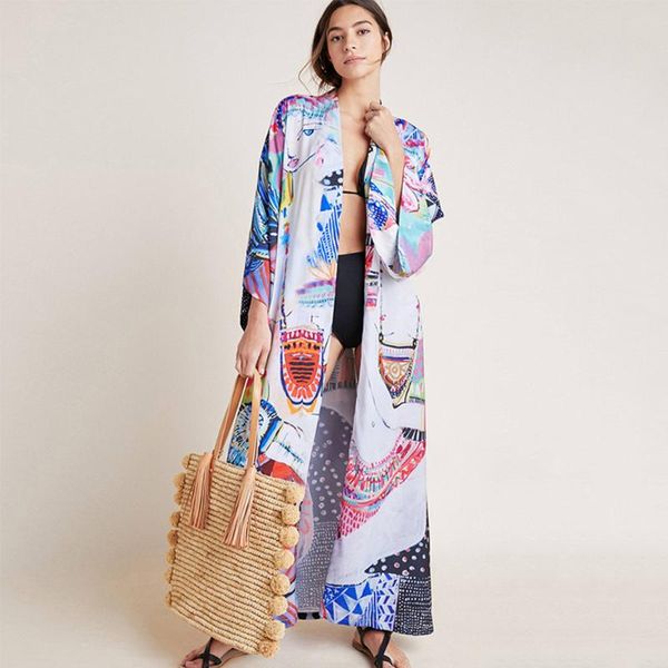 

cover-ups bohemian printed sashes self belted beach bikini cover up plus size cotton tunic women front open kimono dress beachwea