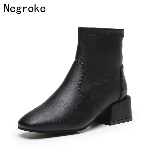 

women autumn winter flock ankle boots slip-on sock boots square heel solid casual black booties plus size 42 botas mujer 2019