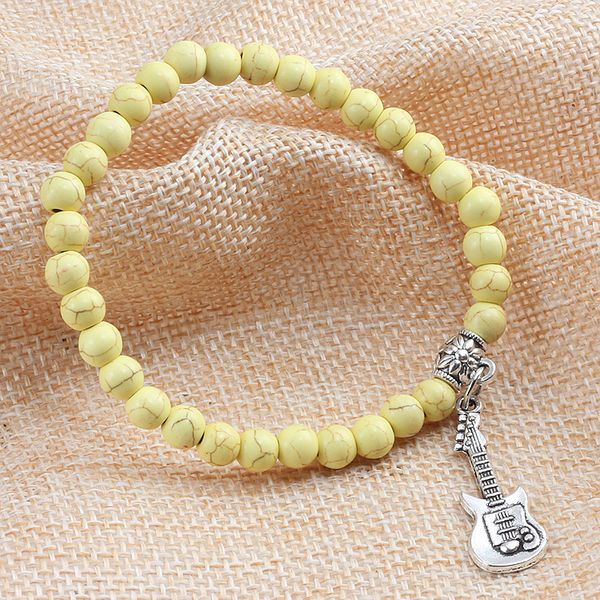 

6 mm natural stone beaded bracelet guitar music pendant men charm jewelry women elasticity bracelets black matte fashion bangles