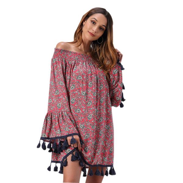 

women's bohemian mini dress boat neck long sleeve print tassel stitching, Black;gray