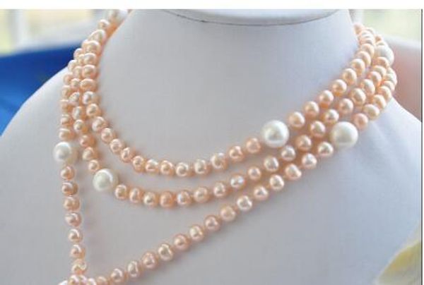 

natural 6-12mm pink round white drip freshwater pearl necklace 60inch, Silver