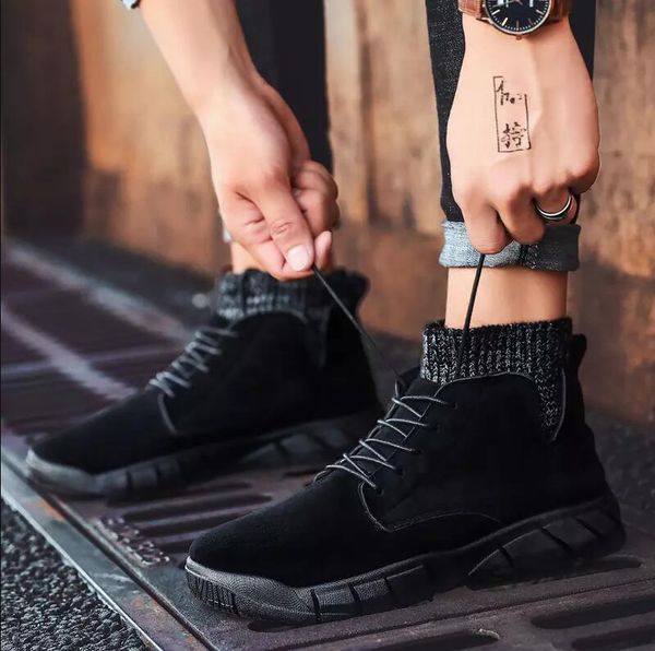 

new men boots fly patchwork knit winter boots designer ankle martin boots brown black outdoor sneakers size 40-44