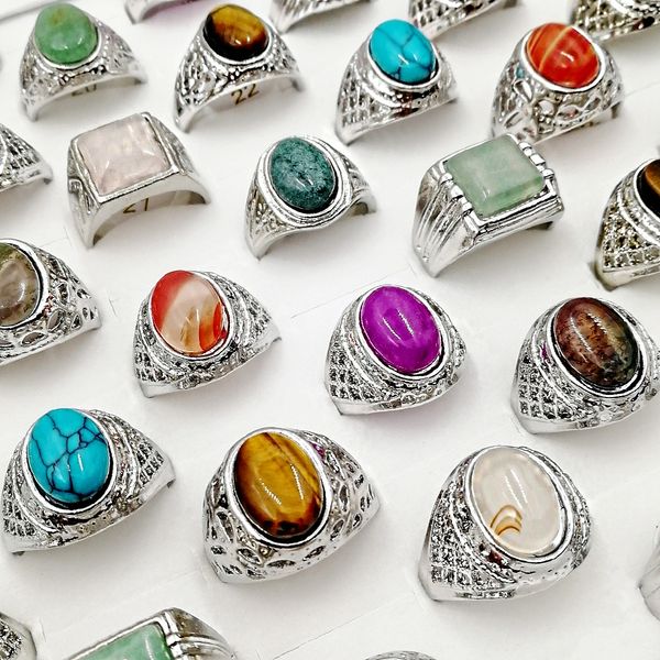

fashion new 50 pieces/lot natural gemstone band rings mix style pine stone size: 18cm-22mm fit women's men's party jewelrys charm, Silver