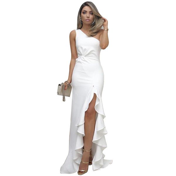 

women's dress one shoulder party dress summer elegant white bodycon twisted ruffles slit hem dresses vestidos summer, Black;gray