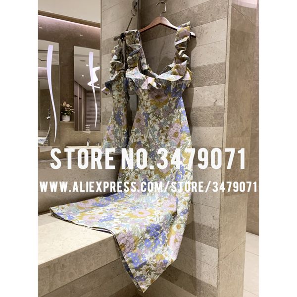 

romantic floral print ruffled sling dress 2020 spring summer women's bohemian new backless linen dress, Black;gray