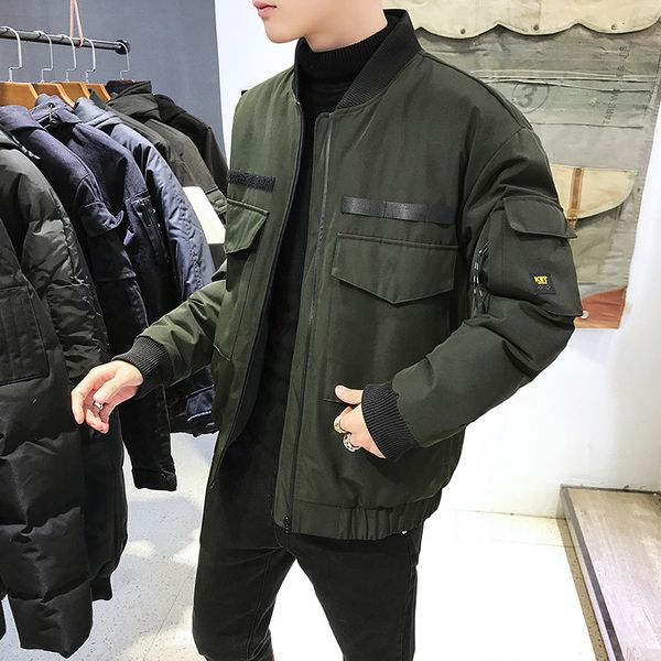 

winter jacket men's warm thicken fashion solid color casual cotton coat man streetwear wild loose large pocket workwear jacket, Black