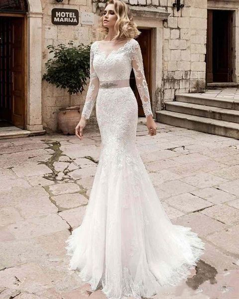 

designer plus size long sleeve lace boho bohemian mermaid wedding dresses bridal gowns with sash sheer neck and back, White
