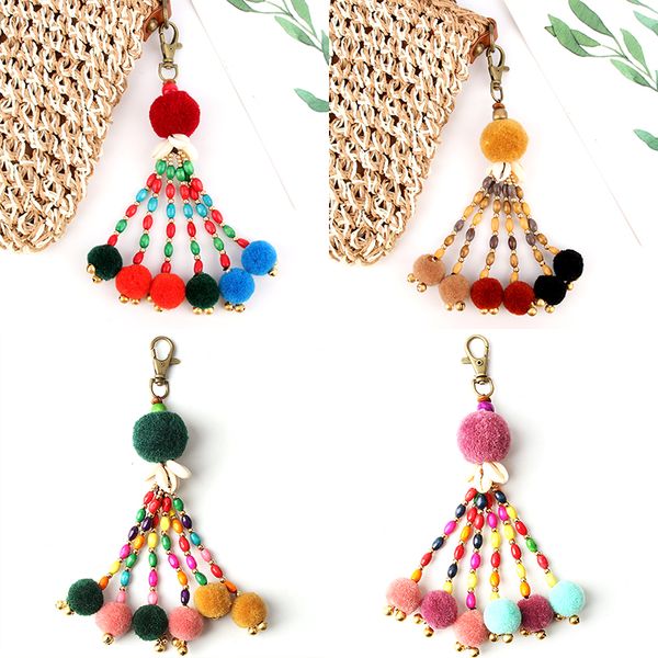 

1pc boho style summer beach shell keychain colorful pompom keyring for women bag hanging wooden bead accessories, Silver