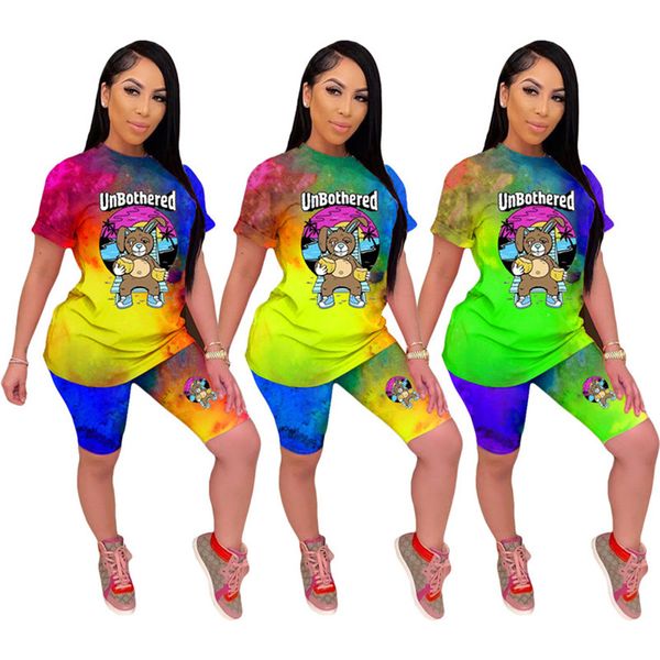 

women tie dye tracksuit cartoon print two piece set short sleeve tee shirt+bodycon shorts fashion summer clothing casual sportswear 3027, White