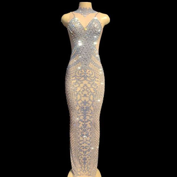 

stage wear sparkly rhinestones mesh long dress women's birthday celebrate see through net costume dance outfit, Black;red