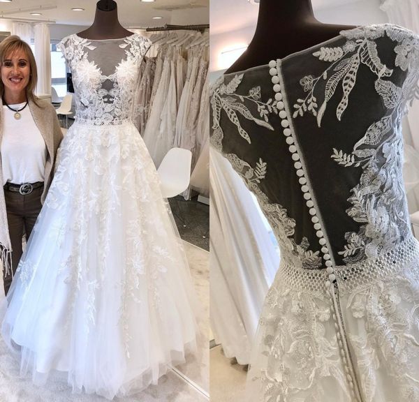 A Line Abiti da sposa da sogno Applique Tulle Illusion Corpetto Abiti da sposa Lunghezza pavimento Gioiello Abiti da sposa Vestidos De Novia