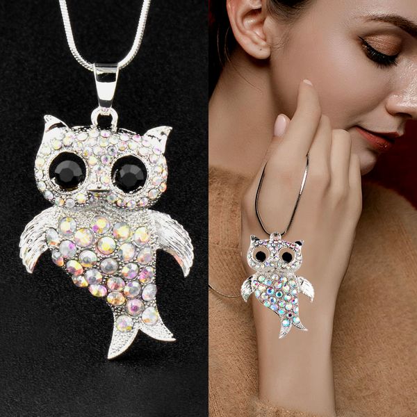 

sinleery cute rhinestone animal owl pendant long necklace silver color chain women jewelry accessories my263 ssb