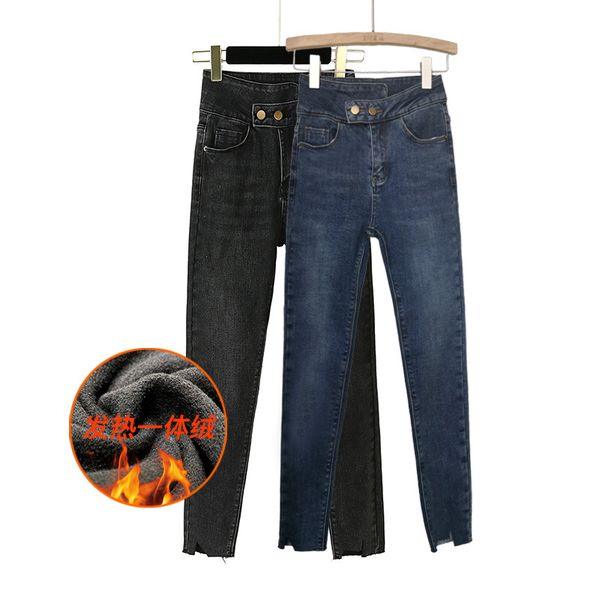 

new winter warm fleece thicken women jeans high waisted jeans skinny streetwear pencil female, Blue