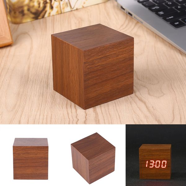 

cube click clock gift alarm-led display wood sound activated home decor