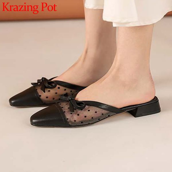 

krazing pot cow leather air mesh polka dot summer outside slipper square toe low heel bowtie sweet girls slip on shoes women l95, Black