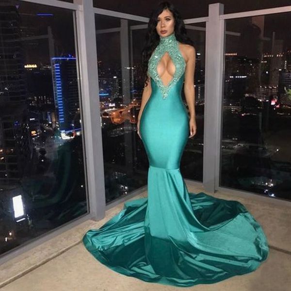 

charming high neck mermaid prom dress 2019 black girls halter v neck appliques beads sequins long cocktail party dress