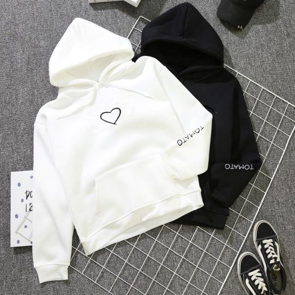 

2018 fashion autumn winter fleece heart printed harajuku print pullover loose lover hoodies sweatshirts couple casual coat, Black