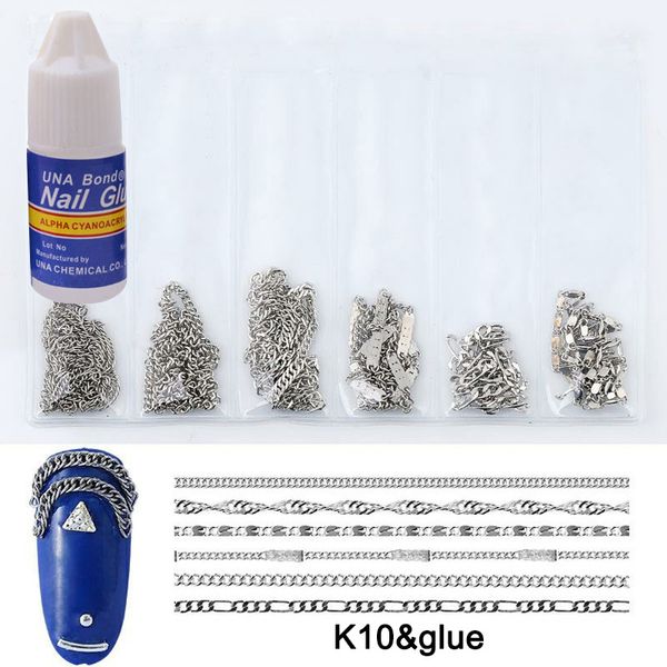 

6 pcs/box 3d diy concise metal nail art chains with 3 gram nail glue cj666