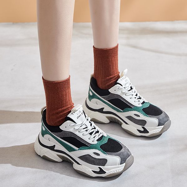 

женская мода шнуровка кроссовки смешанный цвет цемента кожаные туфли женская обувь, Black