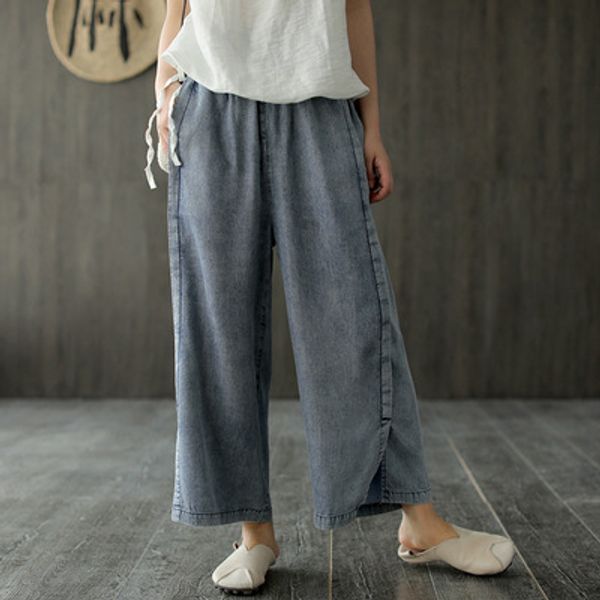 

tencel denim pleated wide-leg pants women's spring and summer new artistic elastic waist pants split jeans, Black;white