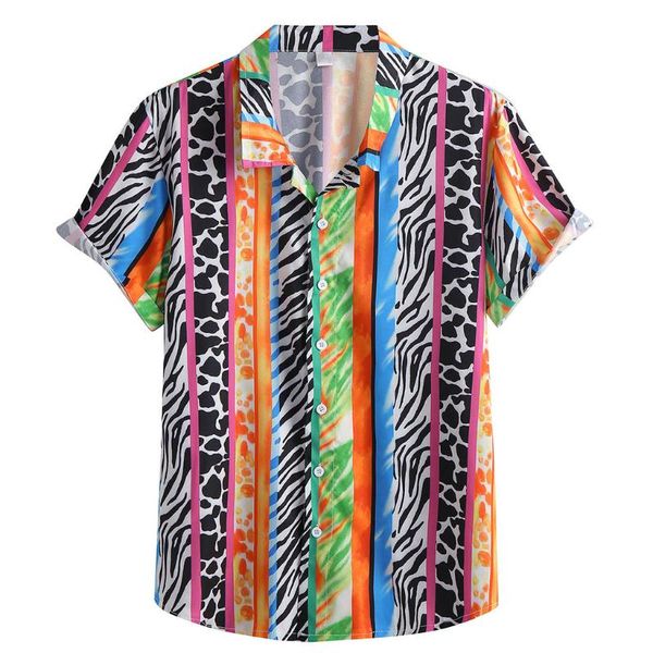 

shirts men dress men's summer fashion casual lapel print short sleeve shirt blouse camisa hawaiana hombre streetwear blouse, White;black