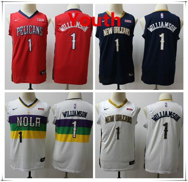

kids zion 1 williamson jersey stitched vancouver new orleans pelicans basketball youth city edition jerseys white red black, Black;red