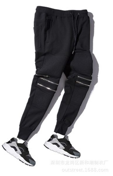 

high street fashion zipper mens joggers pants biker cool sweatpants women and men pants hip hop mens tights street dance, Black