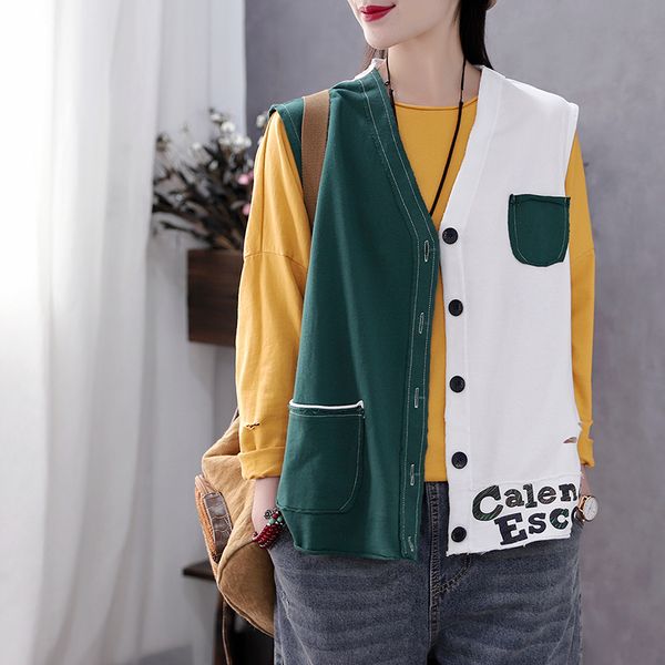 

literary retro cotton spring 2020 female vest female loose hole printing sweater cardigan 8355, Black;white