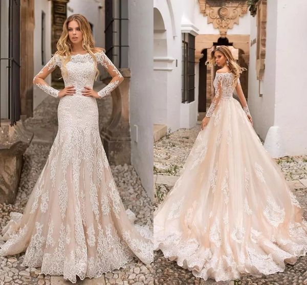 

custom champage long sleeves lace mermaid wedding dresses 2019 with appliques off shoulder tulle court train wedding bridal gowns, White