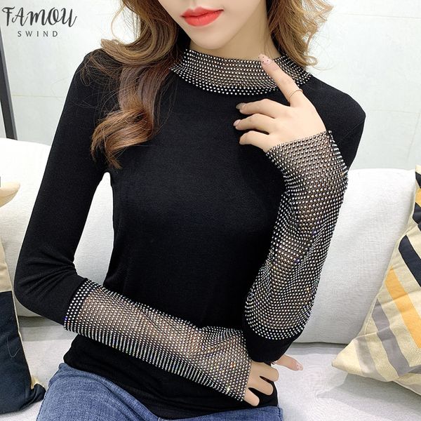 

2020 new spring autumn korean clothes shiny tee pullover t shirt women patchwork diamonds ropa mujer bottoming petal sleeve shirt t01102, White