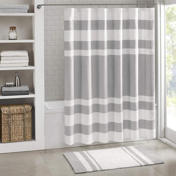 

waterproof polyester stripe anti mould bathroom shower curtain liner with hook