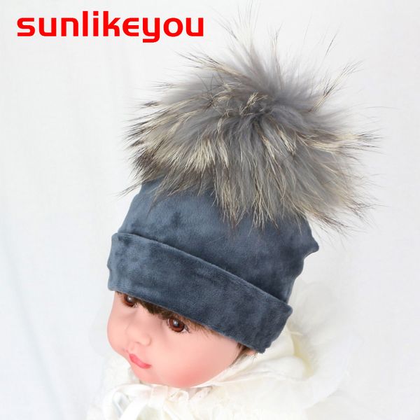 

sunlikeyou winter thicker warm velvet newborn baby beanies kid boy girl cap real raccoon fur pompom toddler infant hat, Yellow