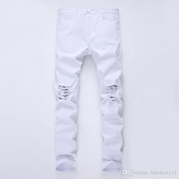 

mens конструктора марка black jeans тощий рваные разрушенный stretch slim fit hop hop штаны с отверстиями для мужчин 27-38, Blue