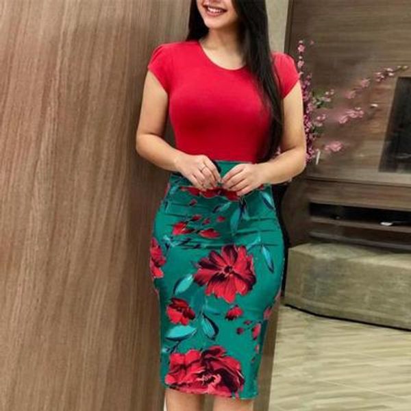 

multi green 2019 women dresses short sleeve floral print patchwork slim bodycon dress cocktail party pencil dress, Black