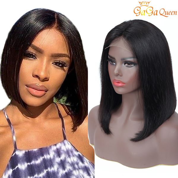 

human hair lace frontal wig brazilian straight bob 4x4 bob short lace wigs 150% density natural color gagaqueen hair, Black;brown